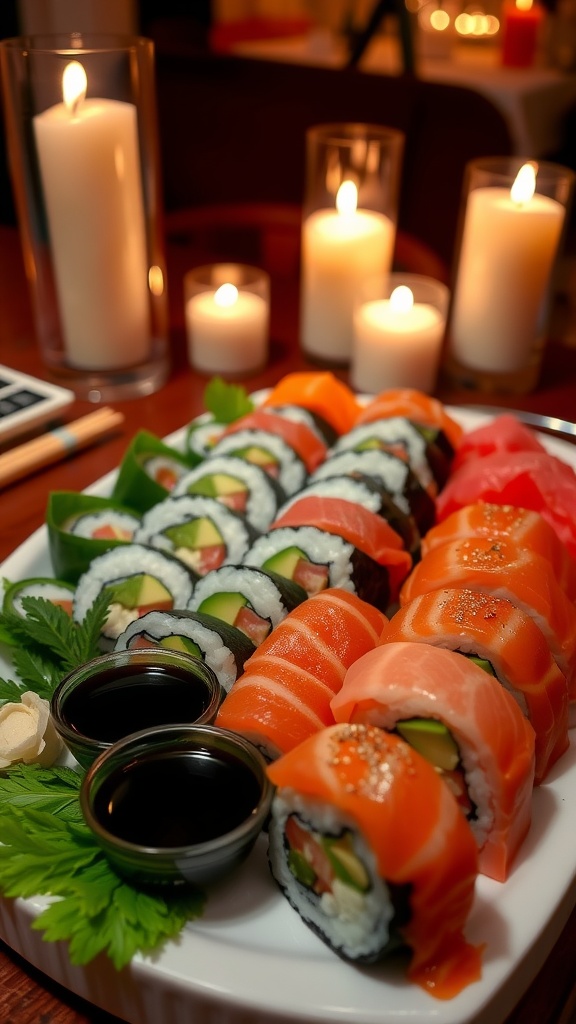 Delicious Sushi for a Romantic Date Night A platter of colorful sushi rolls with fresh ingredients and dipping sauces on a romantic dining table.